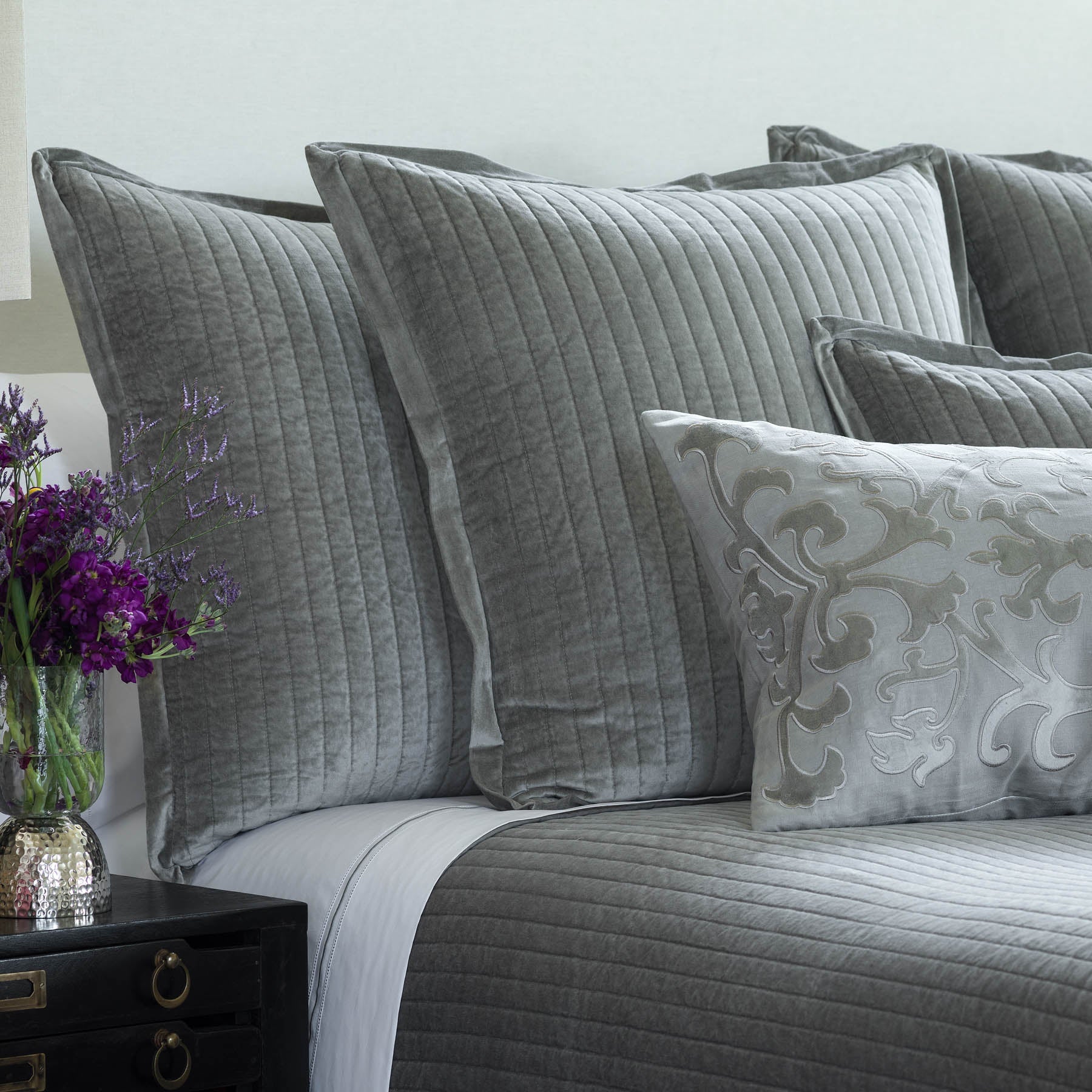 grey coverlet, luxury linens, white designer linens, designer bedding, bedspread, custom pillows, designer pillows