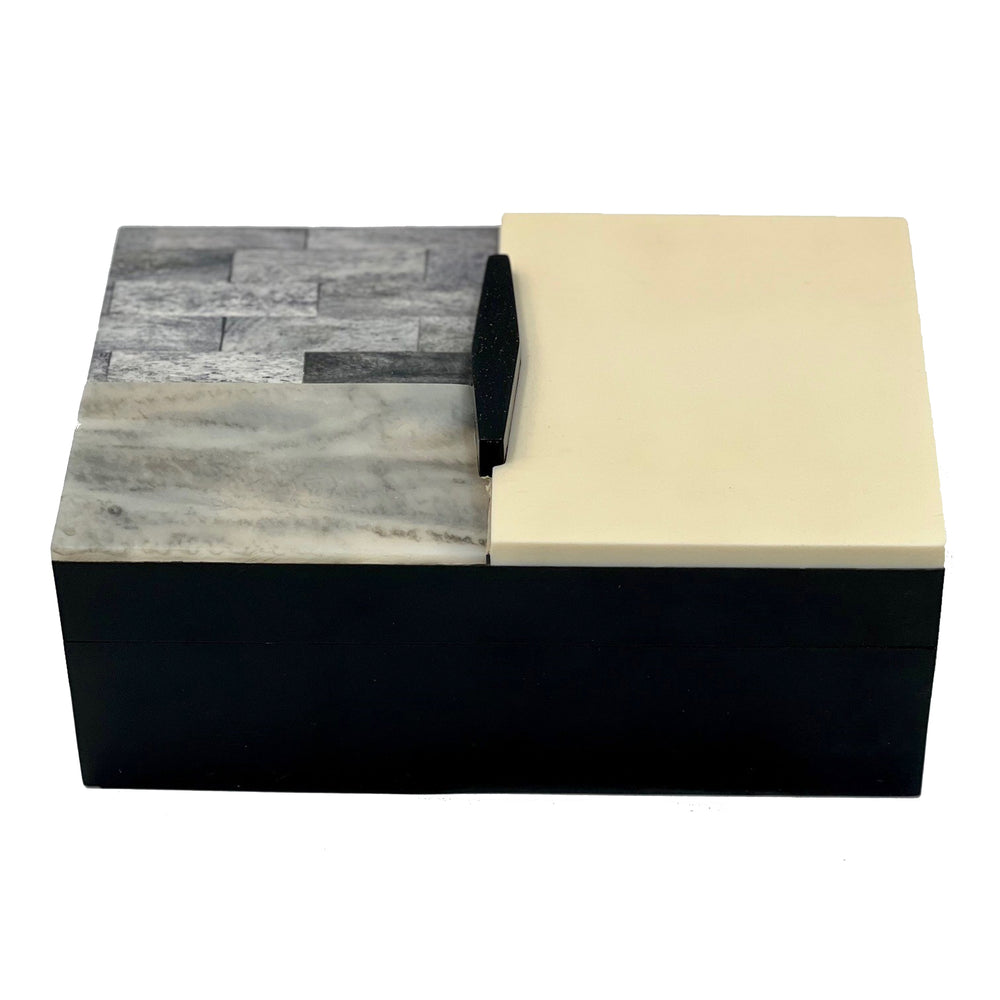 Caja de resina negra, tapa marfil/gris