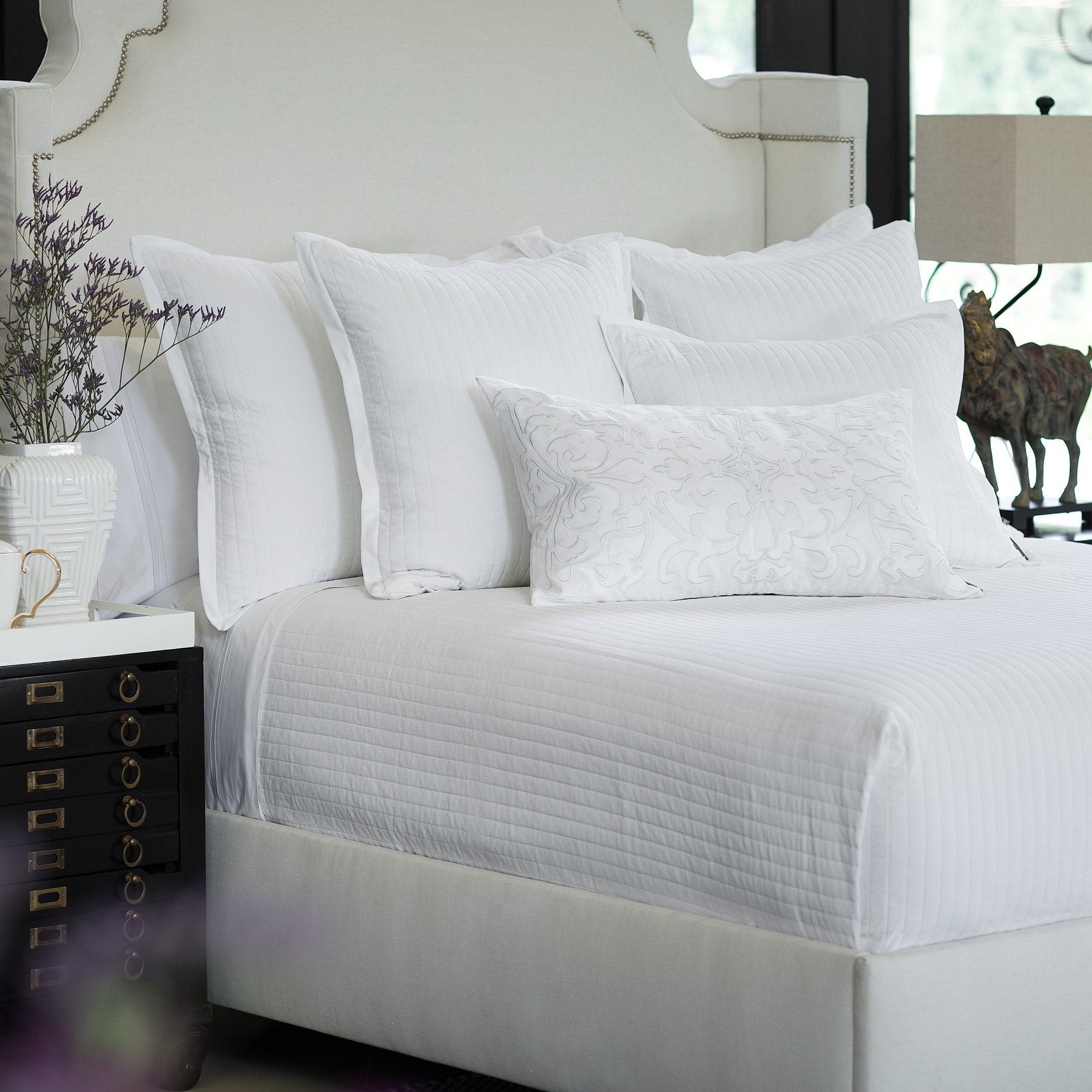 white coverlet, luxury linens, white designer linens, designer bedding, bedspread, custom pillows, designer pillows