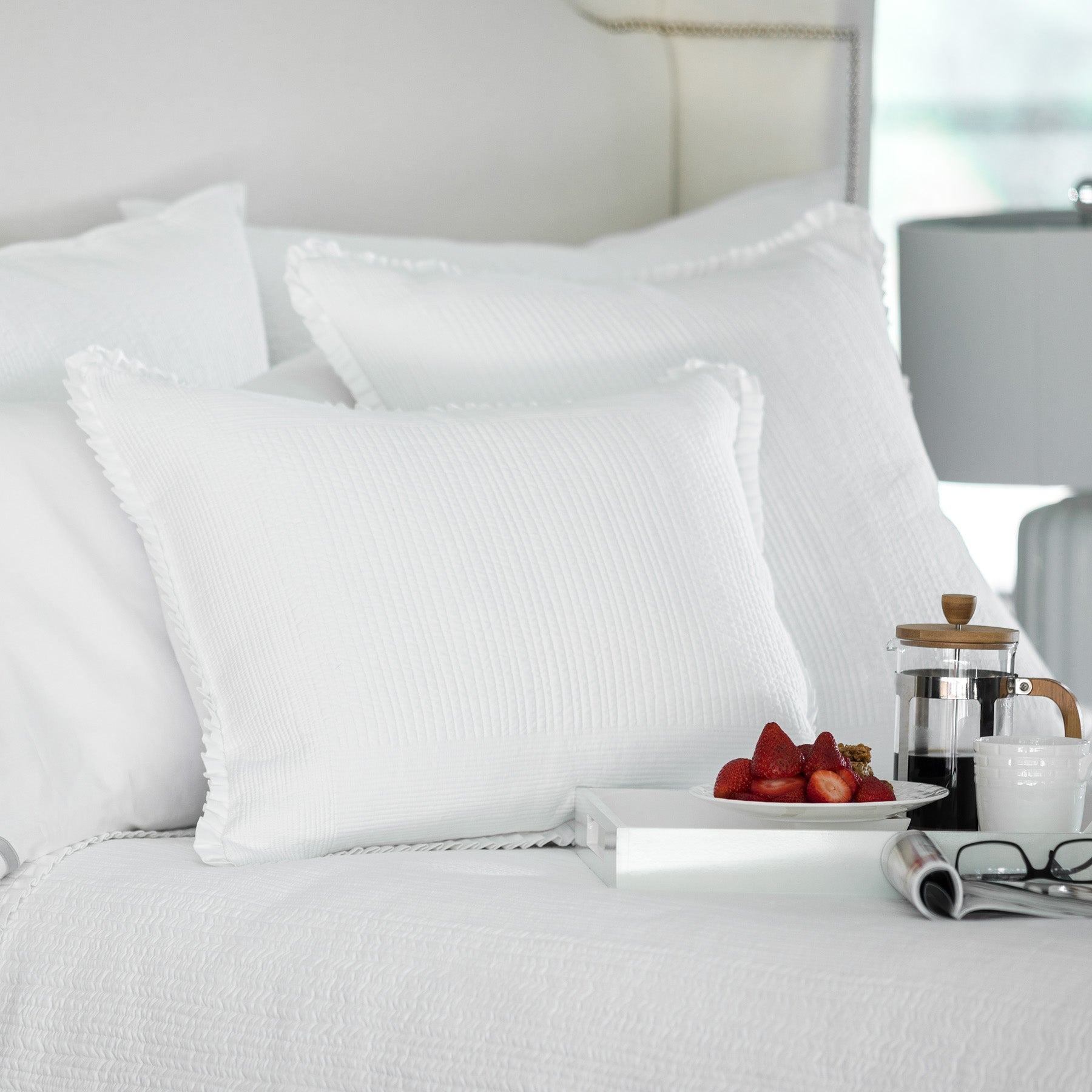 white coverlet, luxury linens, white designer linens, designer bedding, bedspread