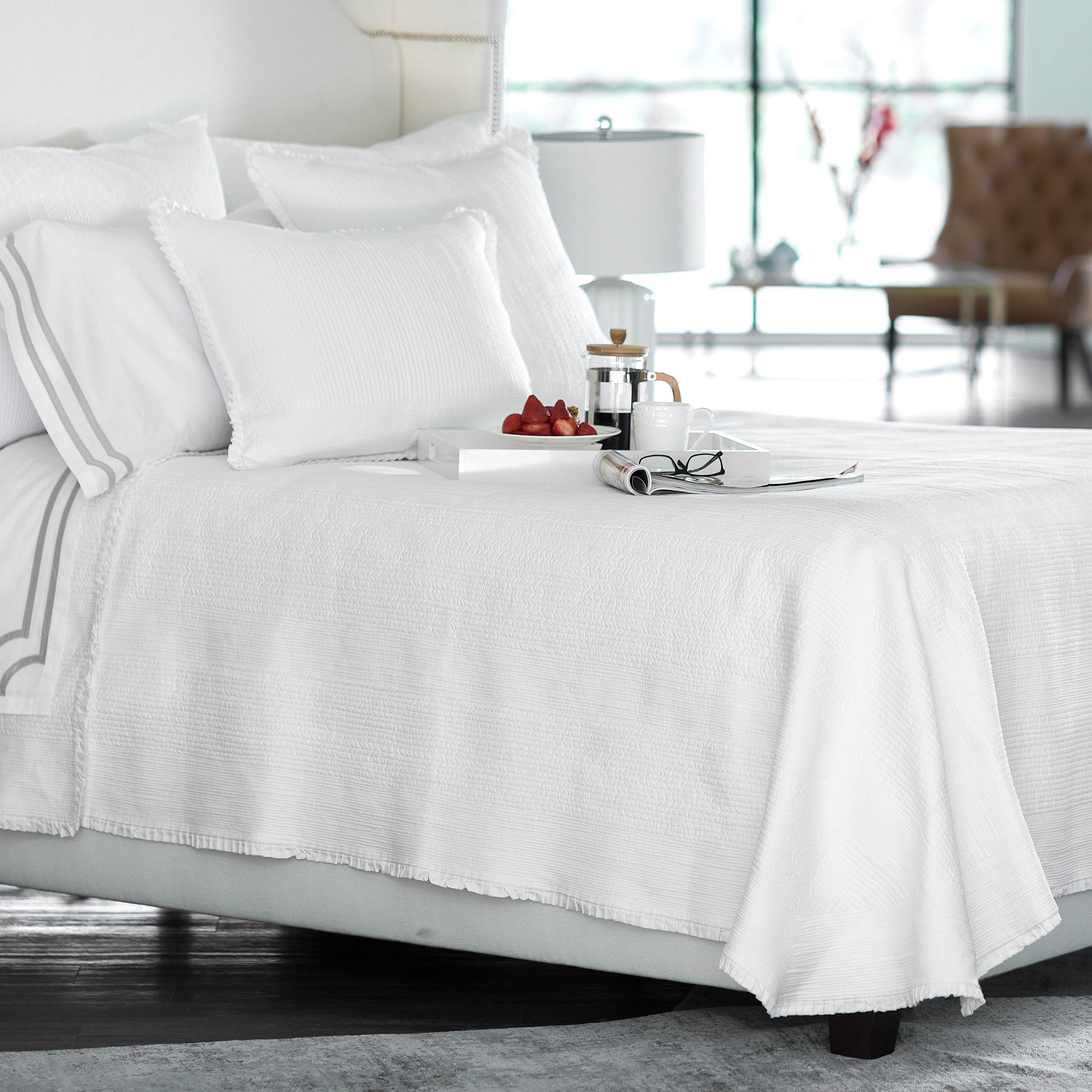 white coverlet, luxury linens, white designer linens, designer bedding, bedspread