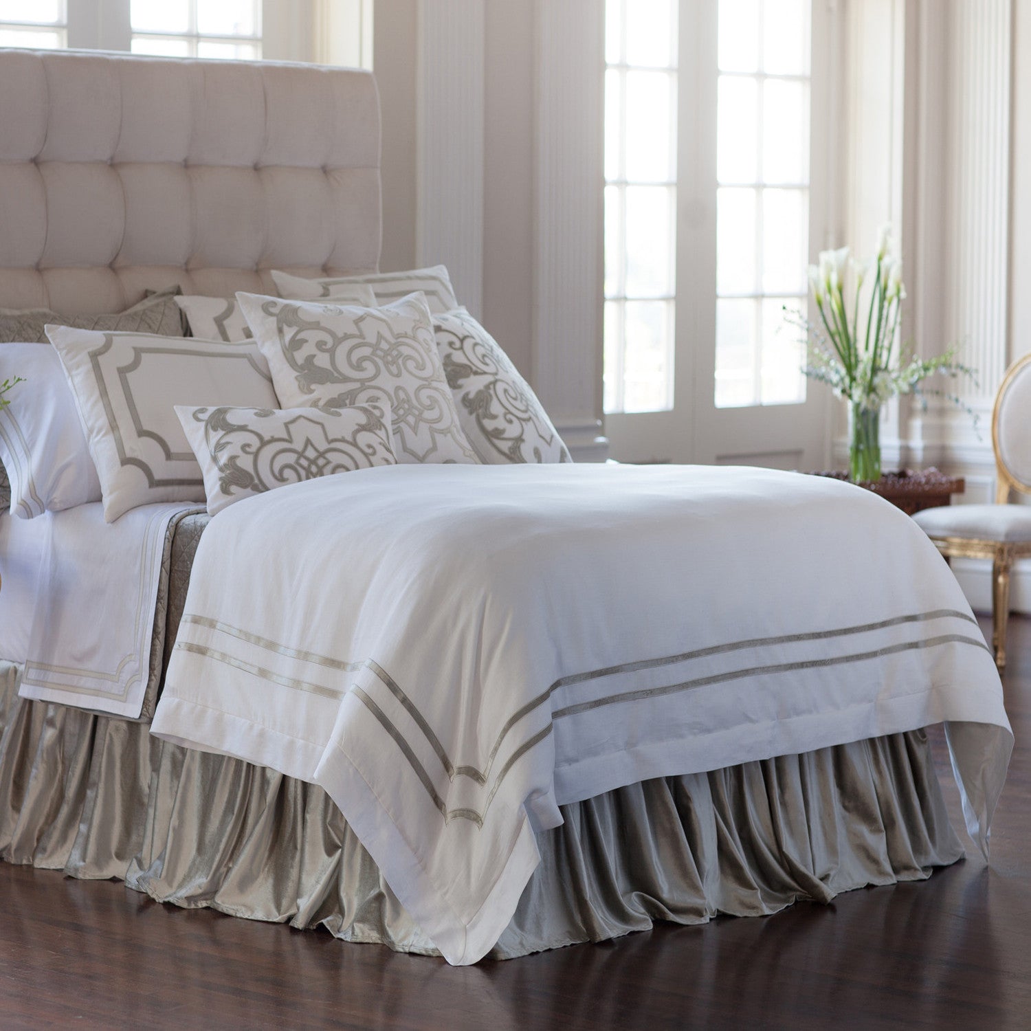 SoHo White Linen with Ice Silver Velvet Trim Duvet - Villa Decor Design & Style - 1